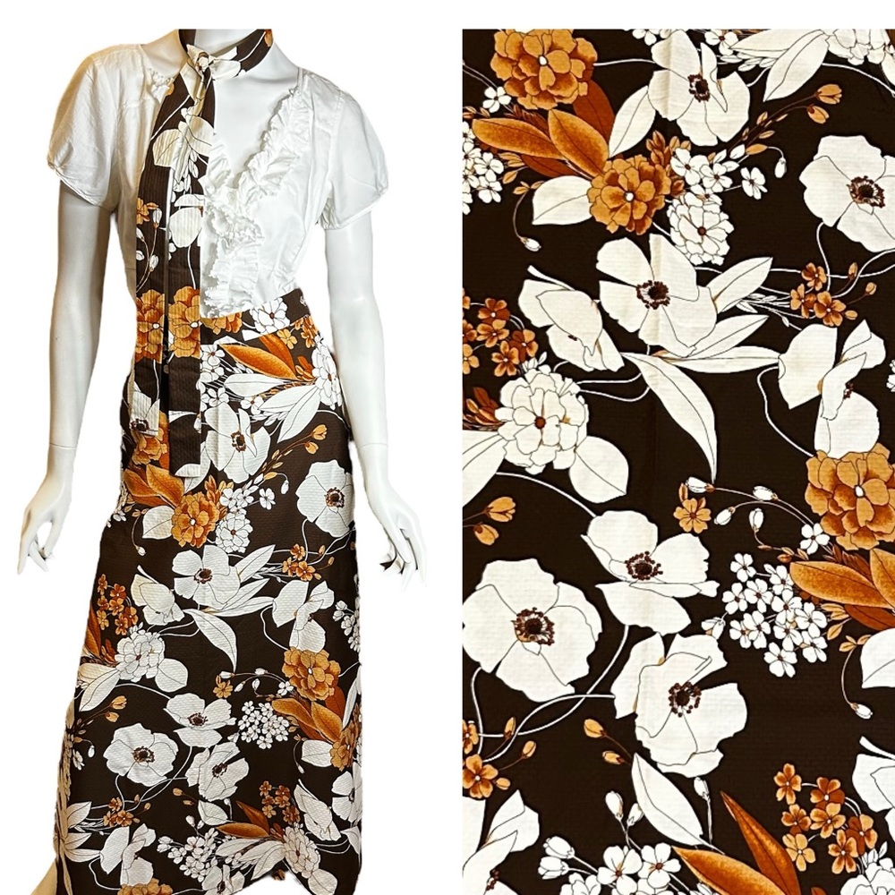 Vintage 70s F.A.Chatta Brown Floral Maxi Skirt 26 Waist - Picture 2 of 14
